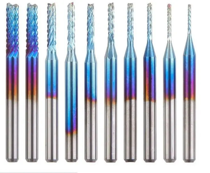 10-TLG SCHAFTFRÄSER 0,8-3,175MM SET HARTMETALL AlTiN Blau FRÄSER PCB GRAVIER CNC Markenlos