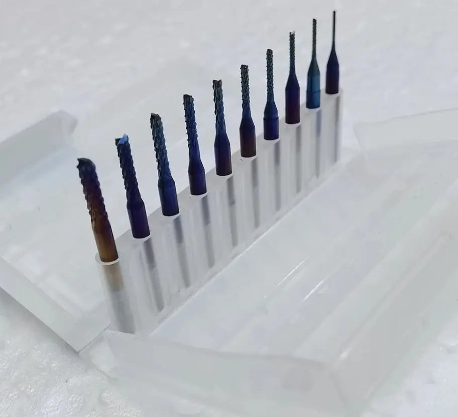 10-TLG SCHAFTFRÄSER 0,8-3,175MM SET HARTMETALL AlTiN Blau FRÄSER PCB GRAVIER CNC Markenlos