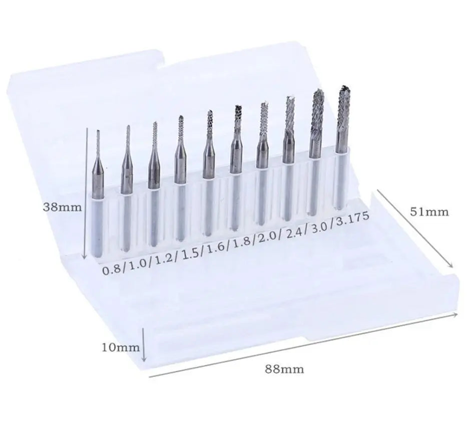 10-TLG SCHAFTFRÄSER 0,8-3,175MM SET HARTMETALL Zinn Titan FRÄSER PCB GRAVIER CNC Markenlos