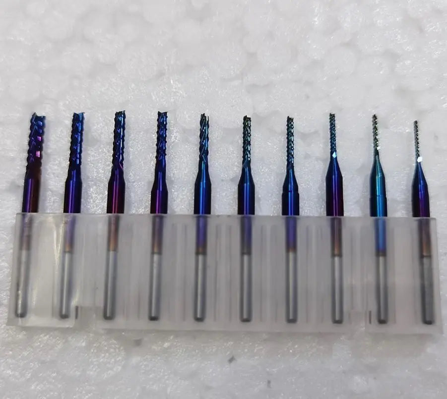 10-TLG SCHAFTFRÄSER 0,8-3,175MM SET HARTMETALL AlTiN Blau FRÄSER PCB GRAVIER CNC Markenlos