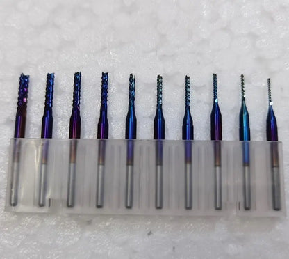 10-TLG SCHAFTFRÄSER 0,8-3,175MM SET HARTMETALL AlTiN Blau FRÄSER PCB GRAVIER CNC Markenlos