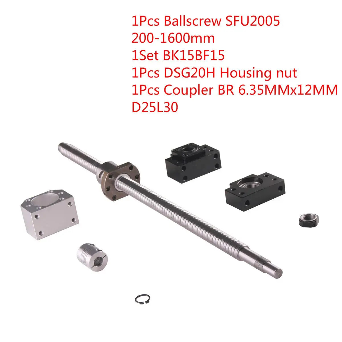 Kugelumlaufspindel SFU2005 500 1000 1500 mm mit Mutter & BK15BF15 & DSG20H Gehäusemutter & Kupplung BR 6,35 mm x 12 mm D25L30 Set Ocris CNC Tools