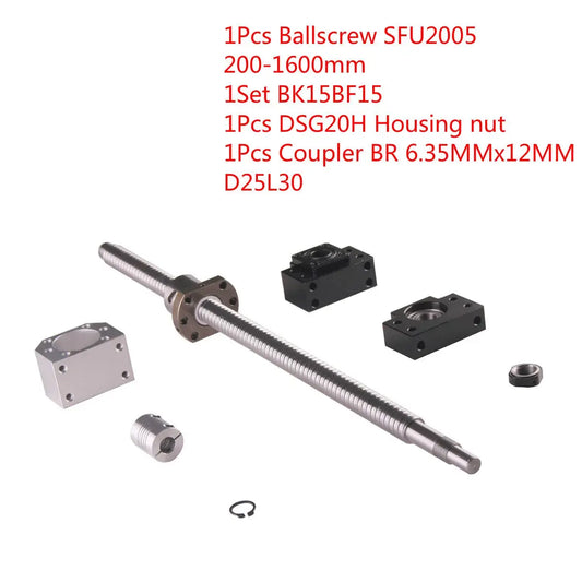 Kugelumlaufspindel SFU2005 500 1000 1500 mm mit Mutter & BK15BF15 & DSG20H Gehäusemutter & Kupplung BR 6,35 mm x 12 mm D25L30 Set Ocris CNC Tools